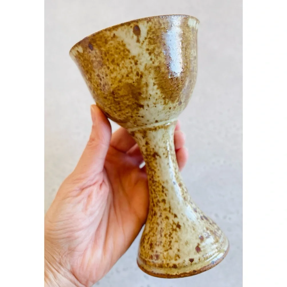 2 Vintage Speckled Oatmeal Tan Brown Stoneware Goblets Studio Pottery Cottage